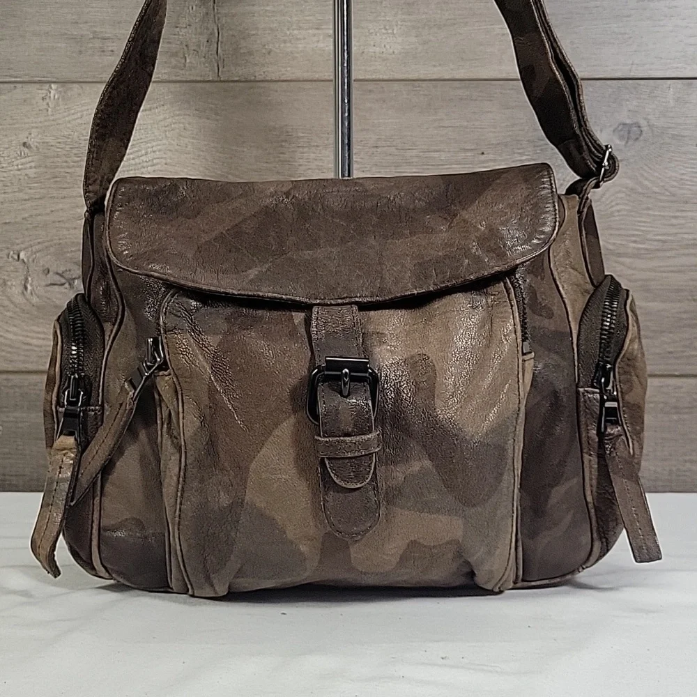Free People Christiansen Camo Brown Leather Bag EUC